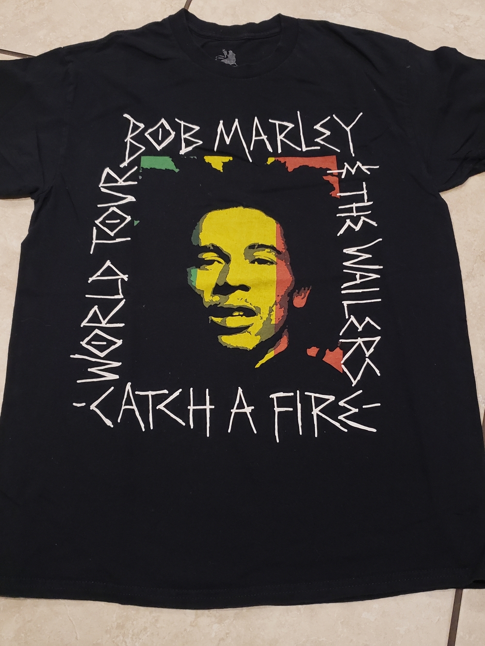 Zion Rootswear Bob Marley 'Catch a Fire' Black Tee with Red Yellow Green Print